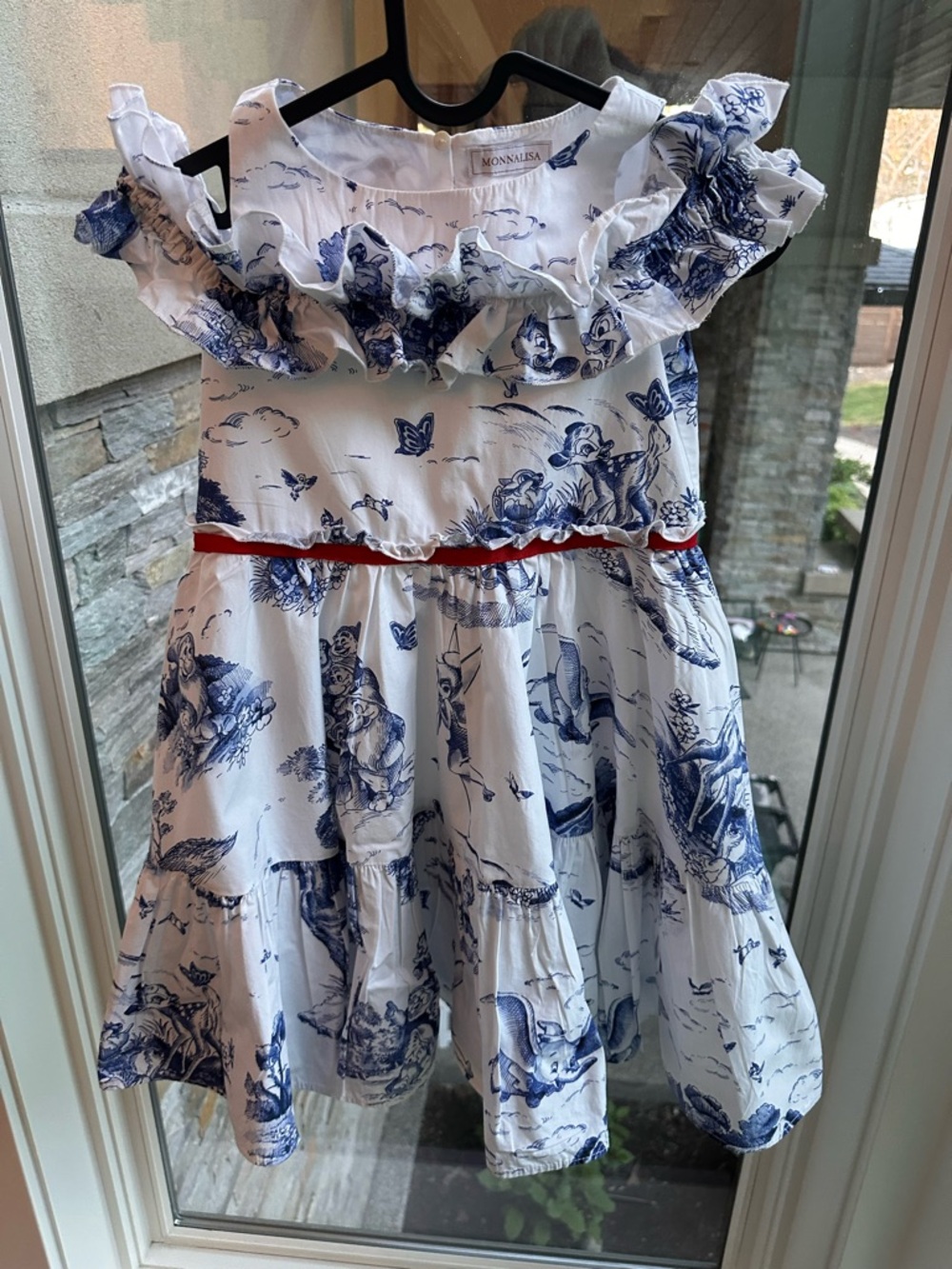 Monnalisa Blue & White Ruffle Toile Dress for Kids